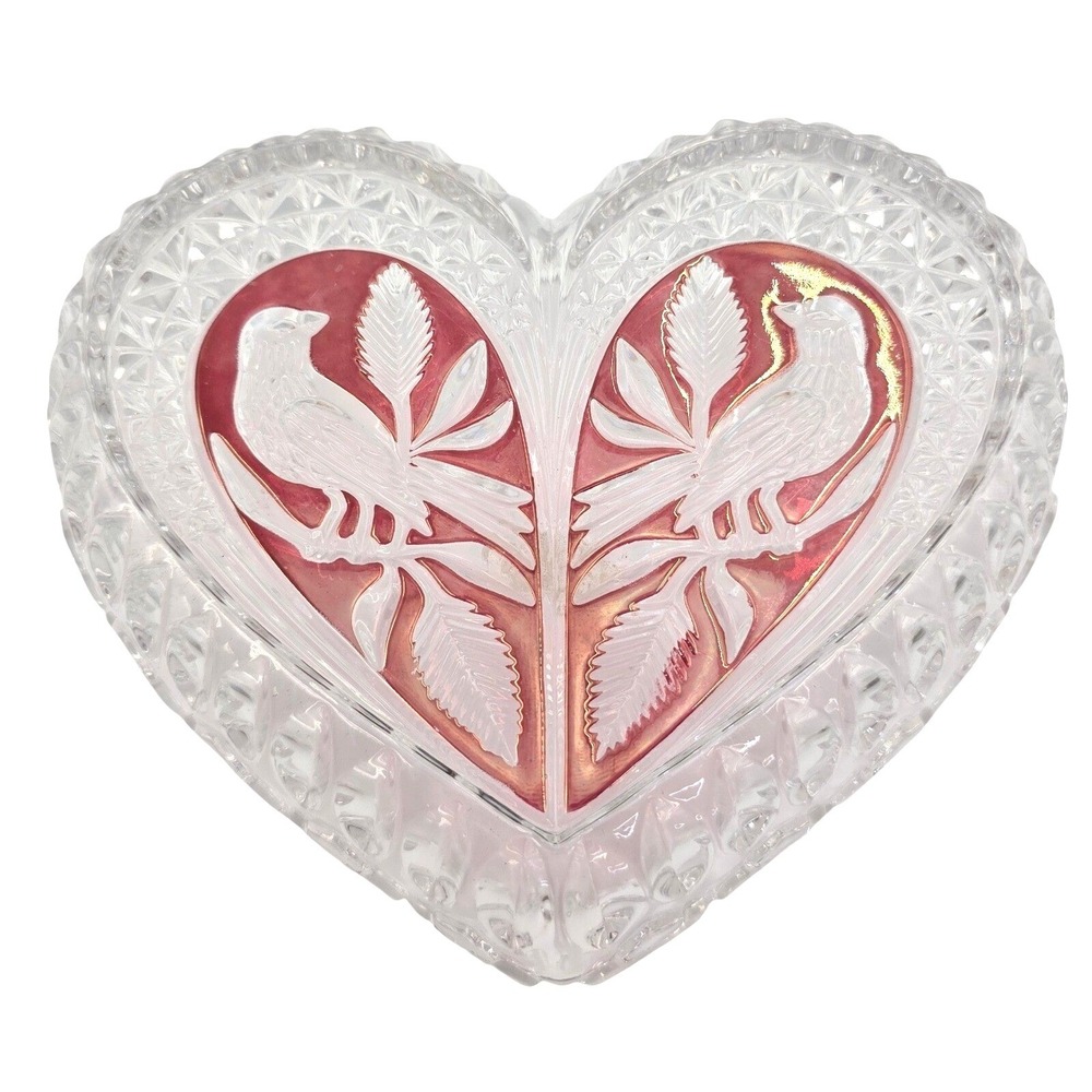 Vintage Crystal Heart‎ Shaped Candy Dish Ruby Red Flashed Bird Motif 8 Inch